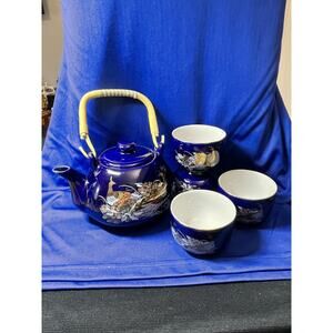 Cobalt Blue Peacock Design Teapot and Four Cups